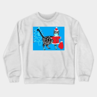 Santa Paws Tabby Cat Christmas Drawing Blue Crewneck Sweatshirt